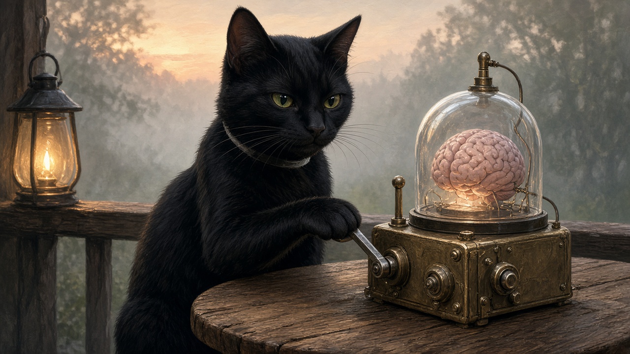 Alex, black with yellow-green eyes, one paw on a brass lever beside a brain under glass.