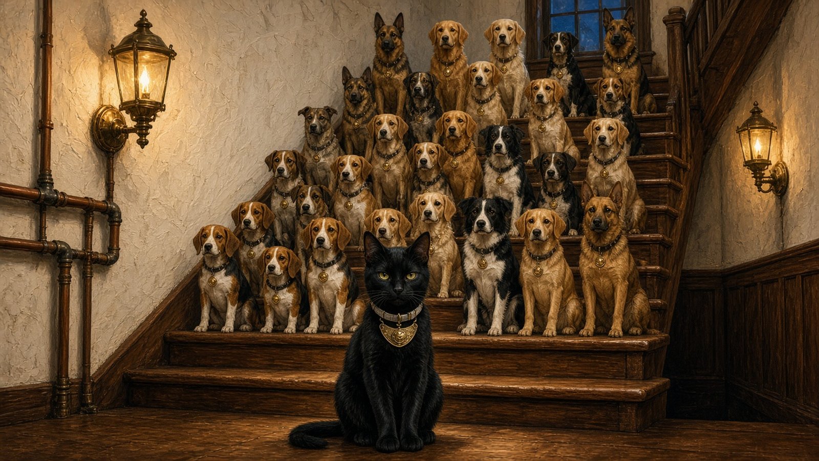 A small black cat in a brass gorget sits at the foot of a lamplit wooden staircase while a graduating class of dogs of many breeds sits at attention on every step behind him.