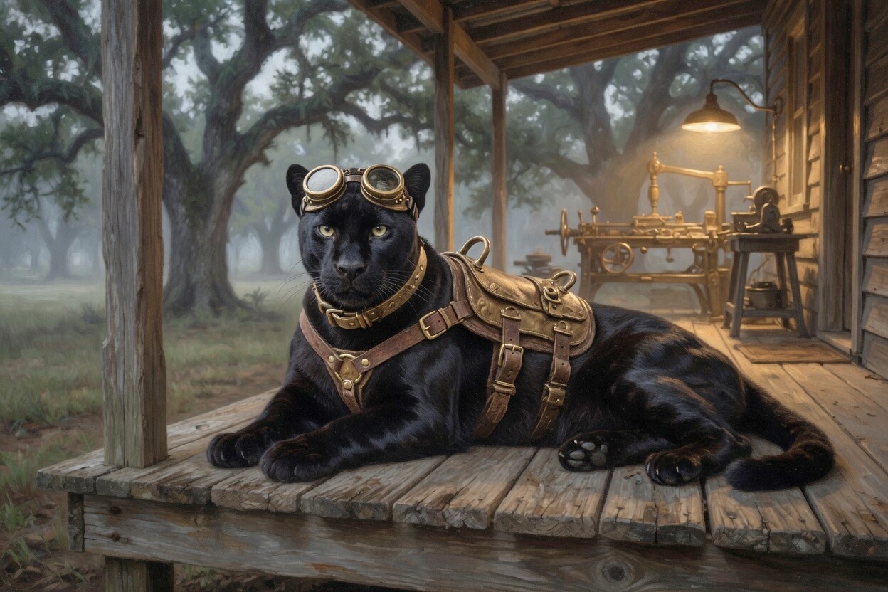 The same black panther on the porch at dusk, now wearing brass goggles and a worn leather harness.