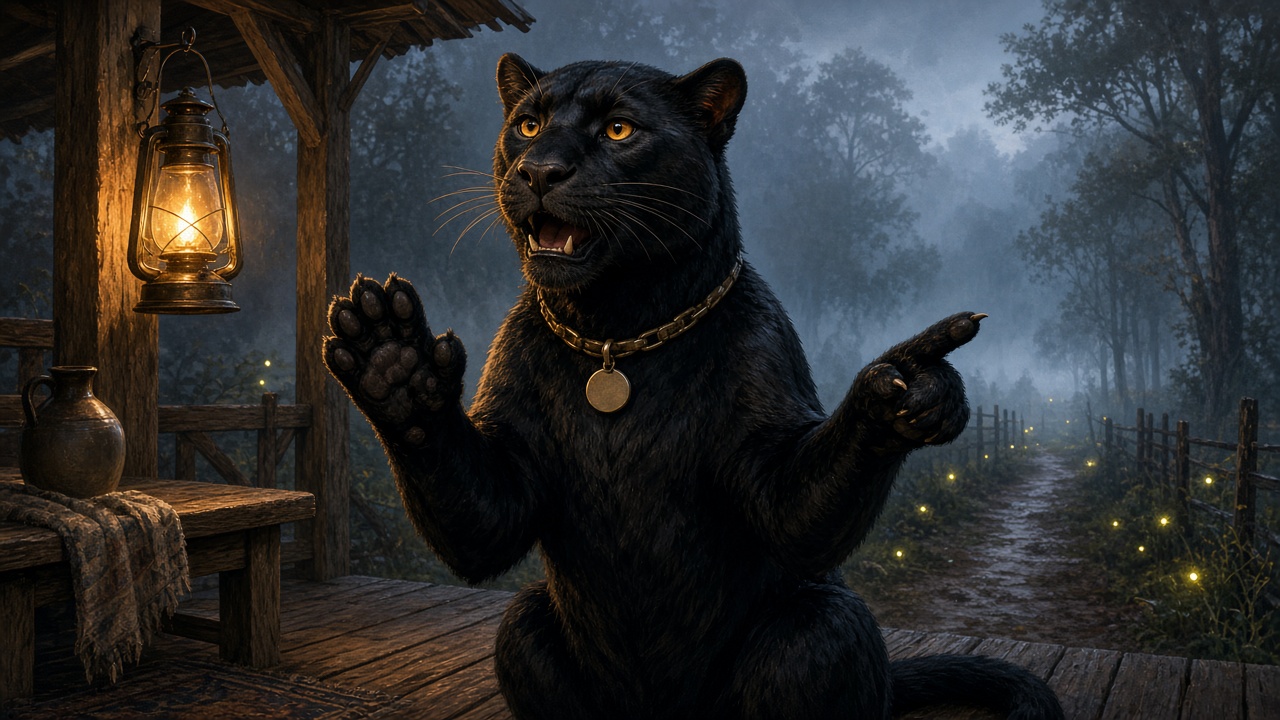 Alex on the porch at dawn, paws raised as if reporting a night he never spoke.