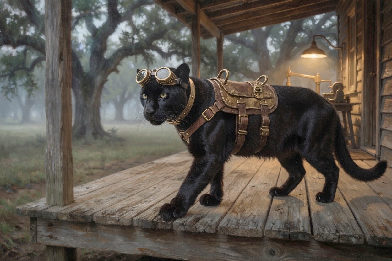 The black panther in brass goggles and a leather harness steps off the porch into the night fog.