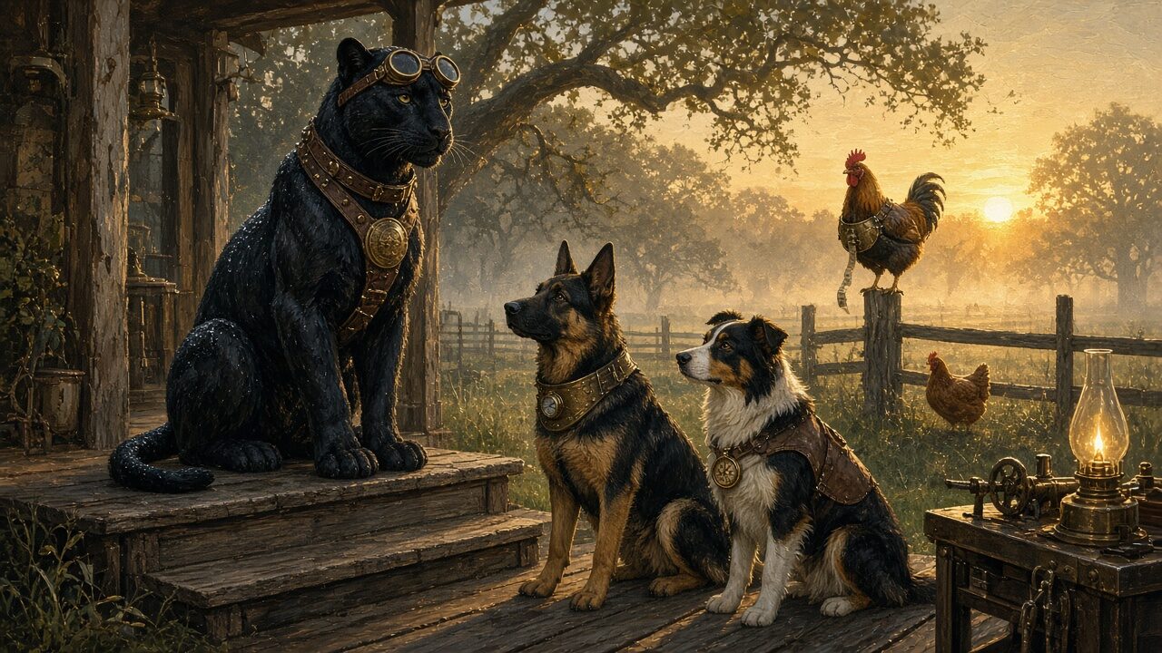 At sunrise the black panther in brass goggles and harness sits upright on the top porch step, two dogs listening below him and a rooster on the fence post beyond.