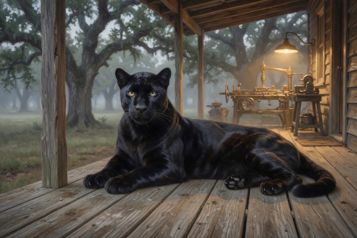 A great black panther with golden-green eyes lying at ease on a wooden ranch porch at dusk, coat bare, fog in the oaks behind him.