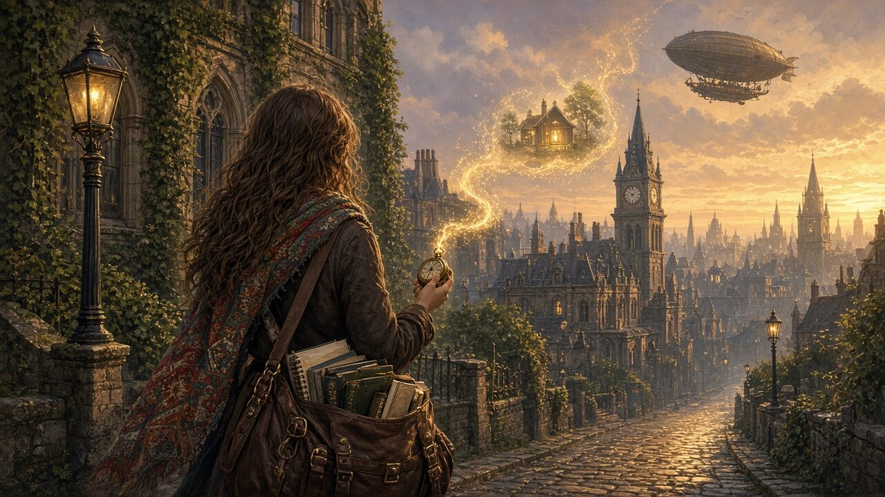 A young woman seen from behind on a lamplit street of a college town with clock towers and ivy-covered halls, a thread of golden light rising from a locket in her hand, an airship in the evening sky.