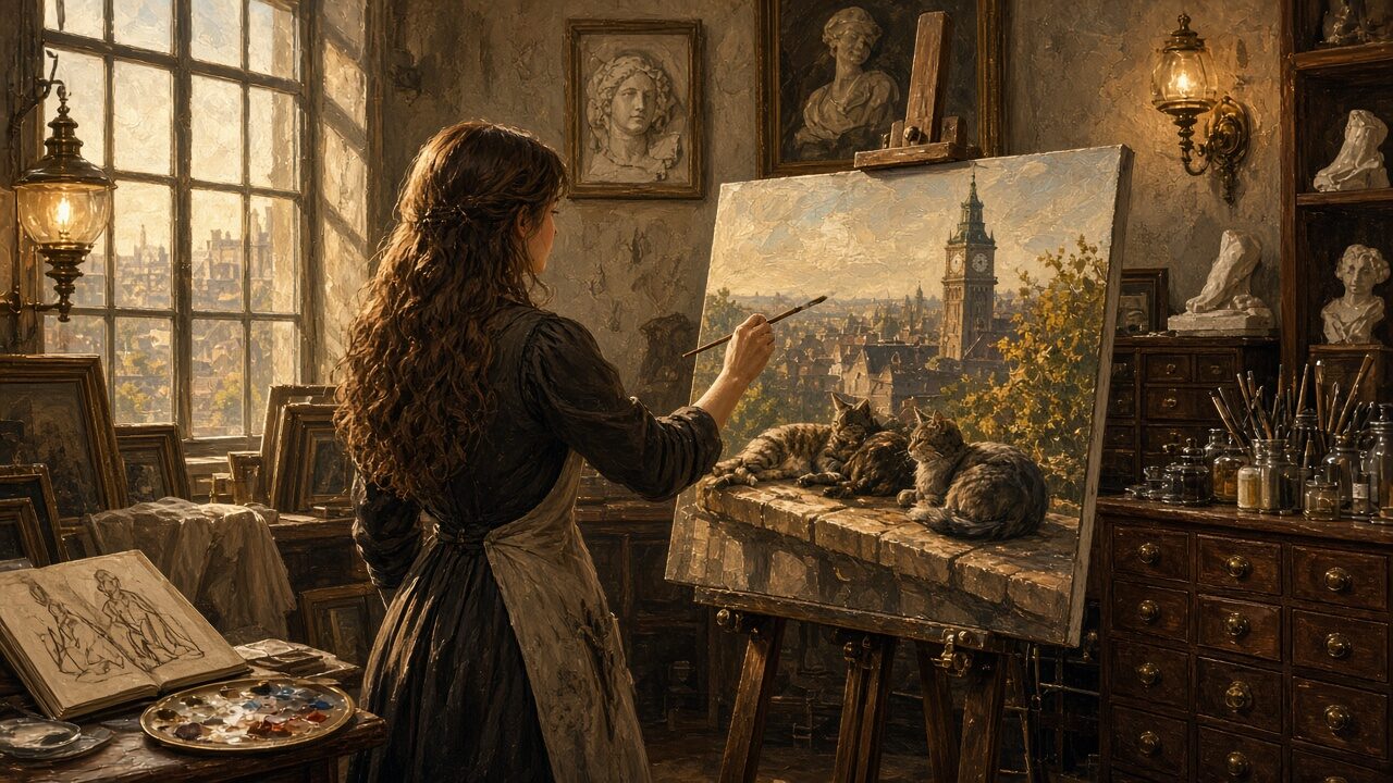 A young woman at an easel in a college studio lit by brass lamps, her face turned toward the canvas, a painting of cats on the easel.