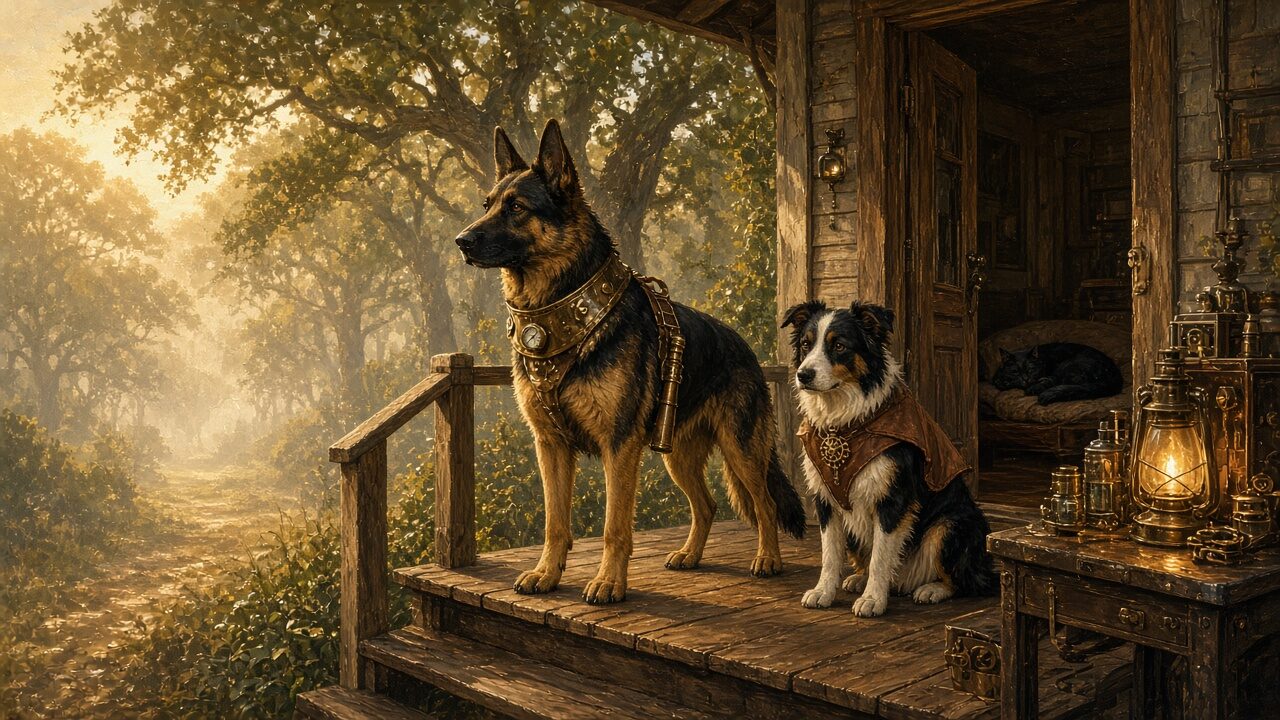 A German shepherd in a brass gorget stands toward the path in daylight while a Border Collie in a soft leather jerkin stays by the doorway, and a black cat sleeps inside.