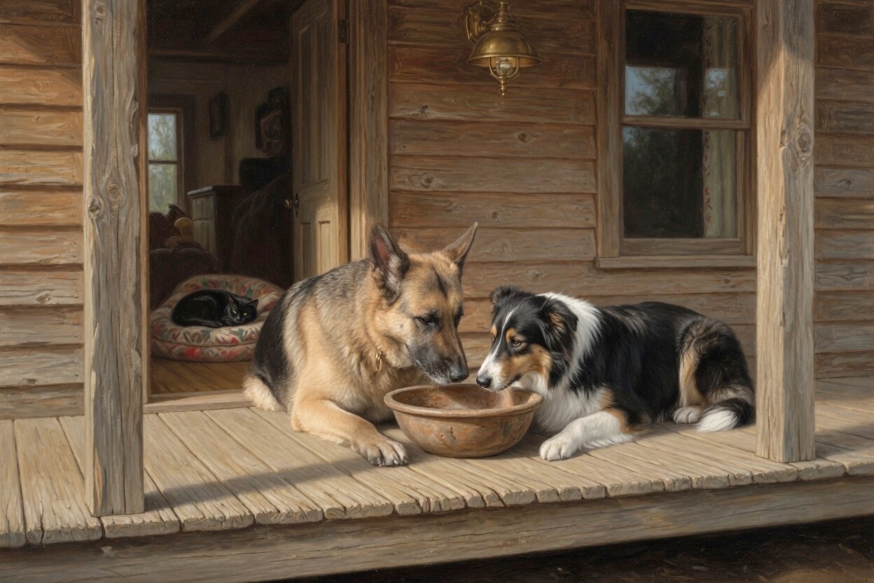 The German shepherd and the Border Collie share one bowl on a sunlit porch, heads close, while a black cat sleeps indoors.