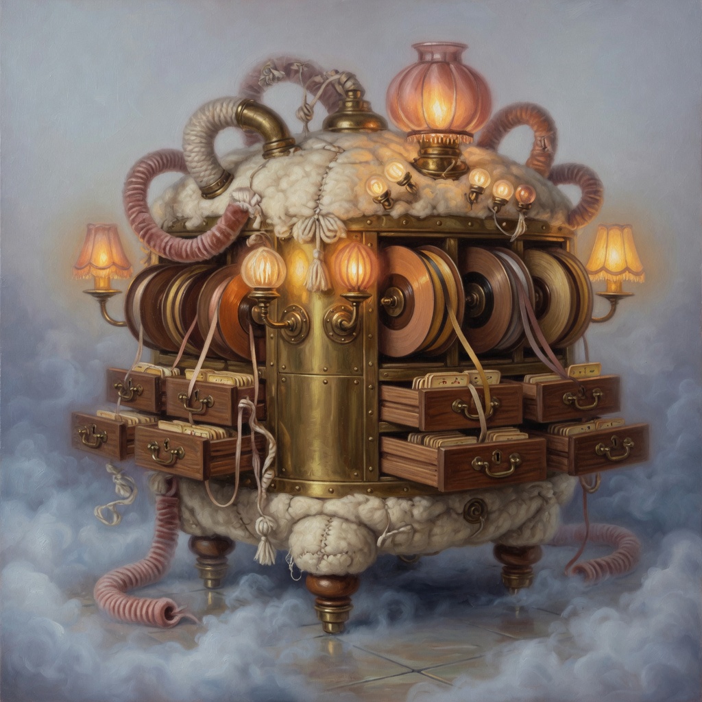 A round brass storage machine with soft curls of pipe, tape reels, and open drawers.