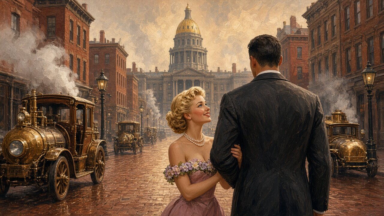 A very tall man in a dark suit, seen from behind, with a blonde woman on his arm on a brick Denver street, the capitol golden dome ahead.