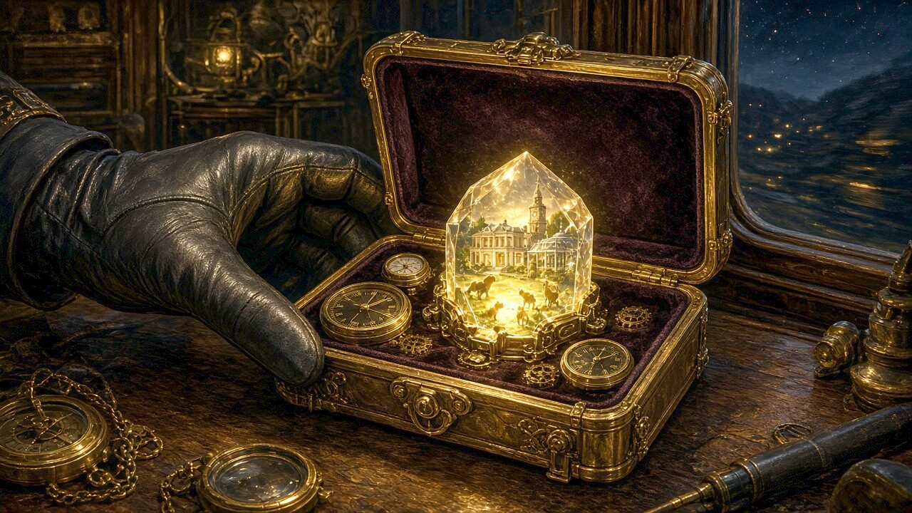 A gloved hand reaches toward a small open brass case lined in velvet, a single crystal glowing gold among polished dials.
