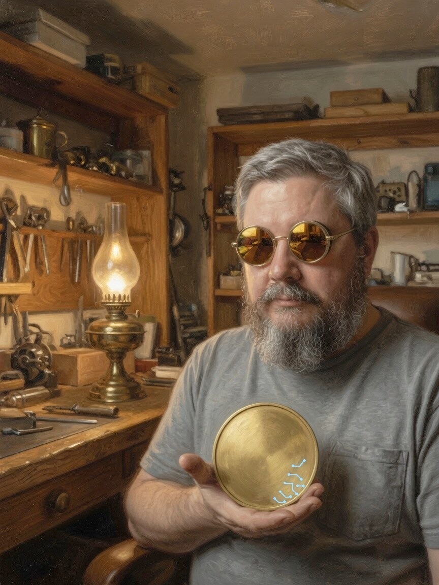 A gray-bearded man in round amber lenses sits in a workshop and holds a brass token, faint blue circuit traces glowing near its edge.