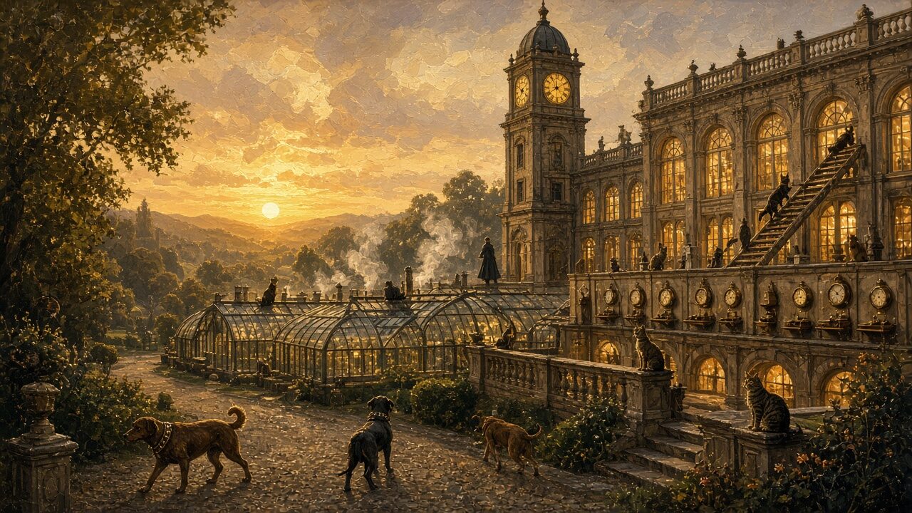 A grand estate at golden hour with long glasshouses, a clock tower, and a gallery wing, dogs on the drive, cats on every ledge, and a distant figure by the clock tower.