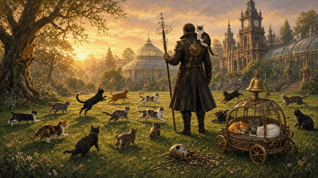 A tall man in a long coat stands on an estate lawn at golden hour among dozens of cats going every direction, a brass herding cart full of sleeping cats beside him.