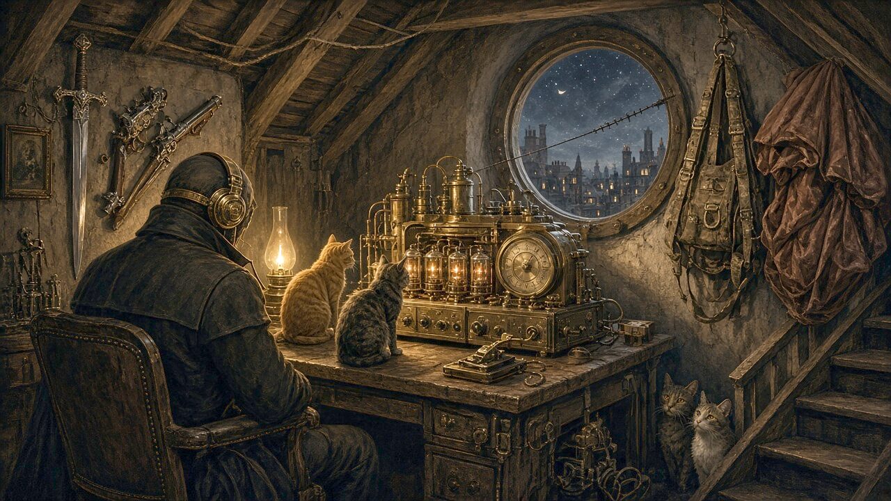 A man seen from behind in an attic radio room under the eaves, lamplit brass-and-copper wireless sets before him, a round window of night sky, a cat on the desk.