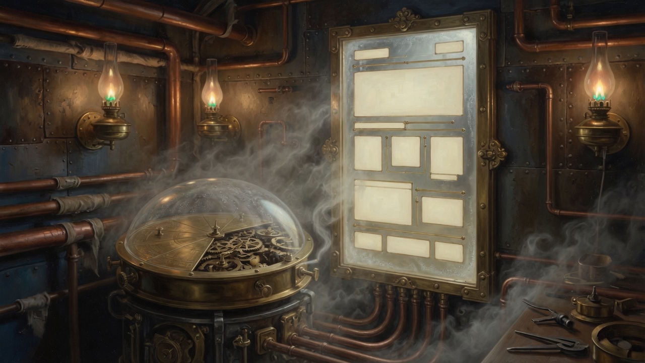 FogPie connected by copper pipes to a brass-framed glass panel laid out like a website.