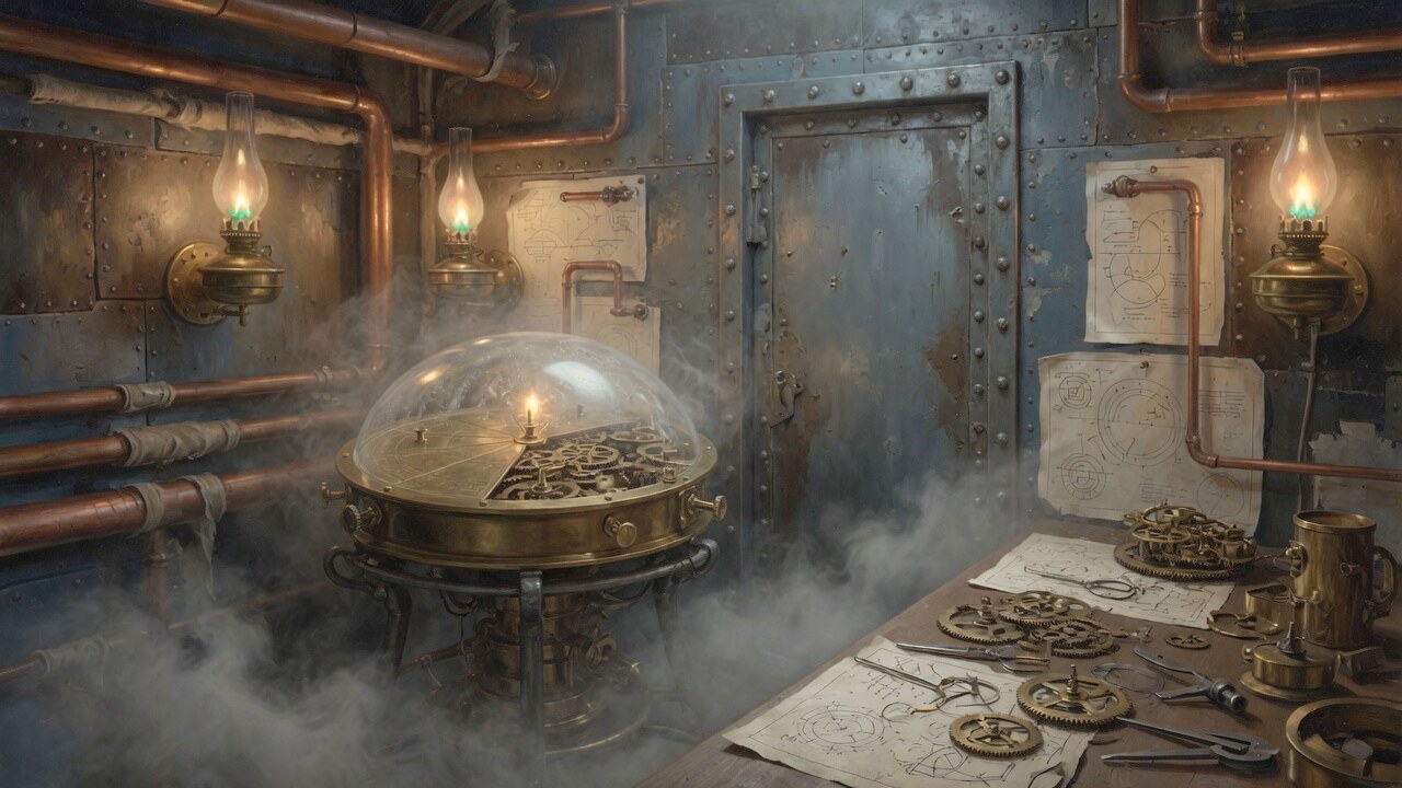 FogPie’s brass instrument working alone in a lamplit private laboratory behind a steel door.