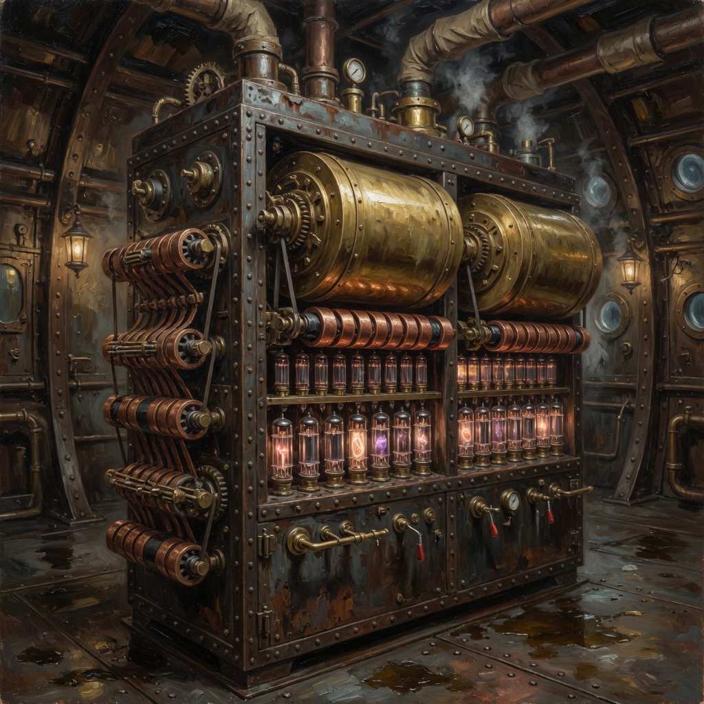 A heavy steampunk server with two great brass drums and rows of glowing tubes.