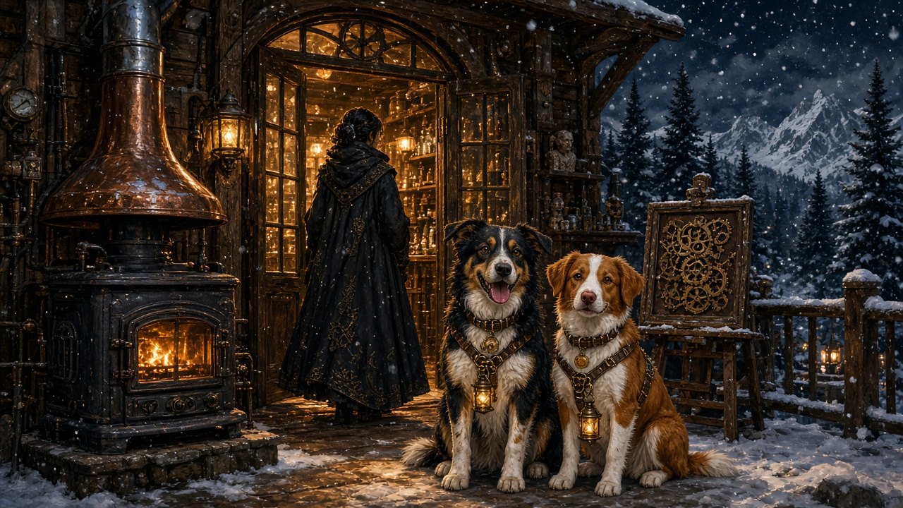 A snowy mountain workshop at night with glowing amber windows and a copper-hooded stove, a woman in a dark cloak seen from behind at the door, and two friendly dogs in leather harnesses with little brass lanterns sitting side by side: a fluffy black-and-tan dog with a big grin and a red-and-white dog with floppy ears.