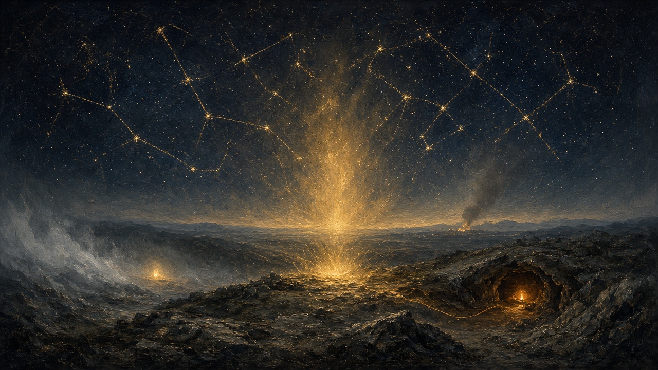 A night of old stars and a gold light rising from stone, the family power with no faces.