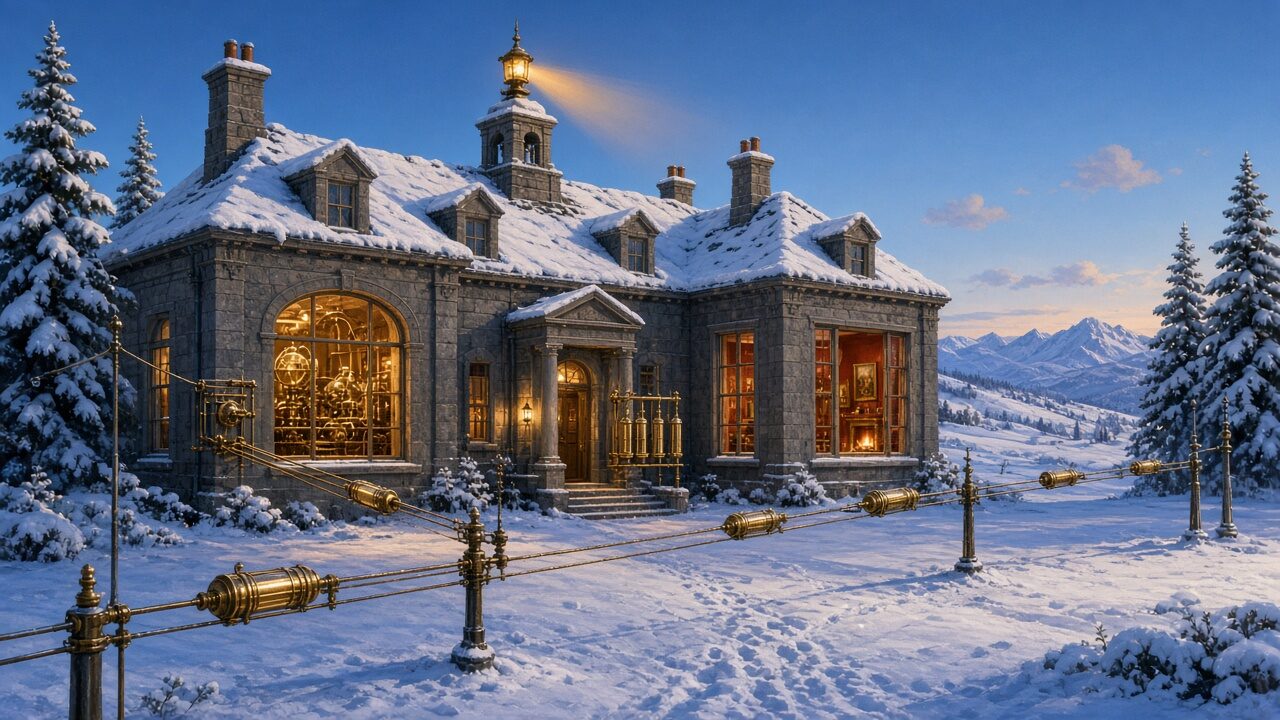 A snowy stone manor at blue dusk working as a signal station, a lamp shining from a rooftop cupola and brass message capsules on rails leading away across the snow.