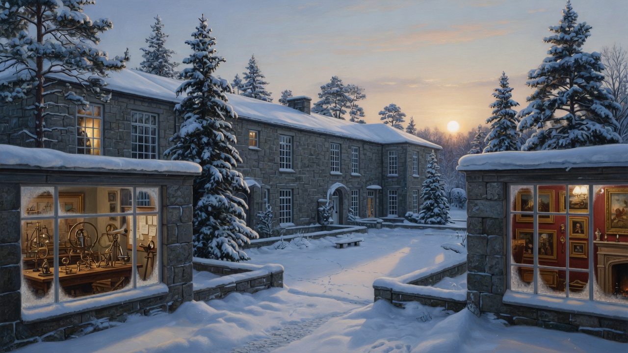 A stone house in clear winter light, one wing a workshop of brass instruments and another a room of paintings, with no fog in the air.