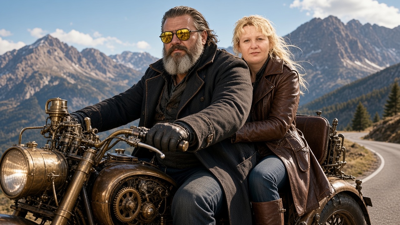 The Odd One and his wife on a brass two-wheeled machine in the high country.