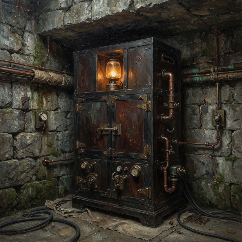 An old iron cabinet computer in a stone basement, one lamp lit in its face.
