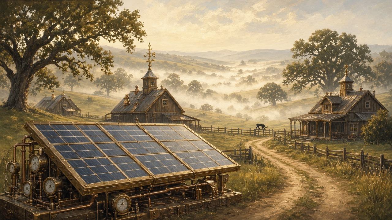 Misty rolling ranch land at dawn: a brass-framed solar array with pressure gauges in the foreground, weathered barns with cupolas, oaks, and a dirt lane leading past a fenced pasture where fog lies in the valleys.