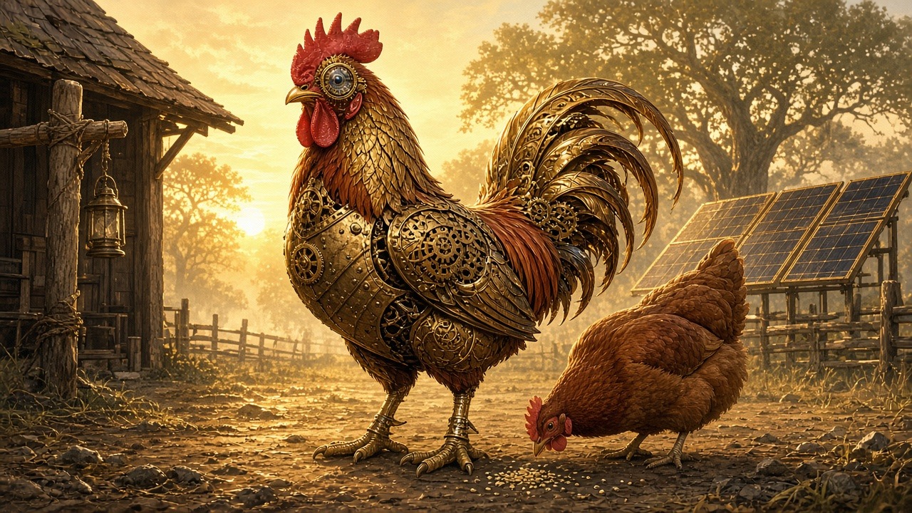 In golden dawn light a tall rooster armored in riveted brass and clockwork gears stands in a ranch yard beside a plain brown hen pecking at grain, a barn lantern and solar panels behind them.