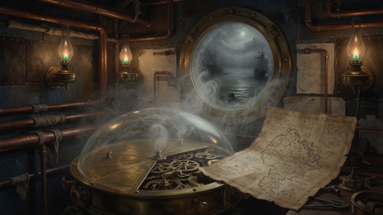 FogPie under its dome beside a harbor chart, with a foggy river beyond a porthole.