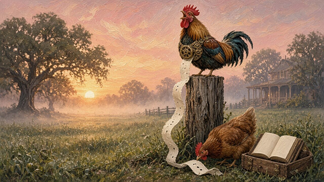 At dawn a rooster with a brass ticker-tape crop crows from a fence post, paper tape curling down to a hen who studies it.