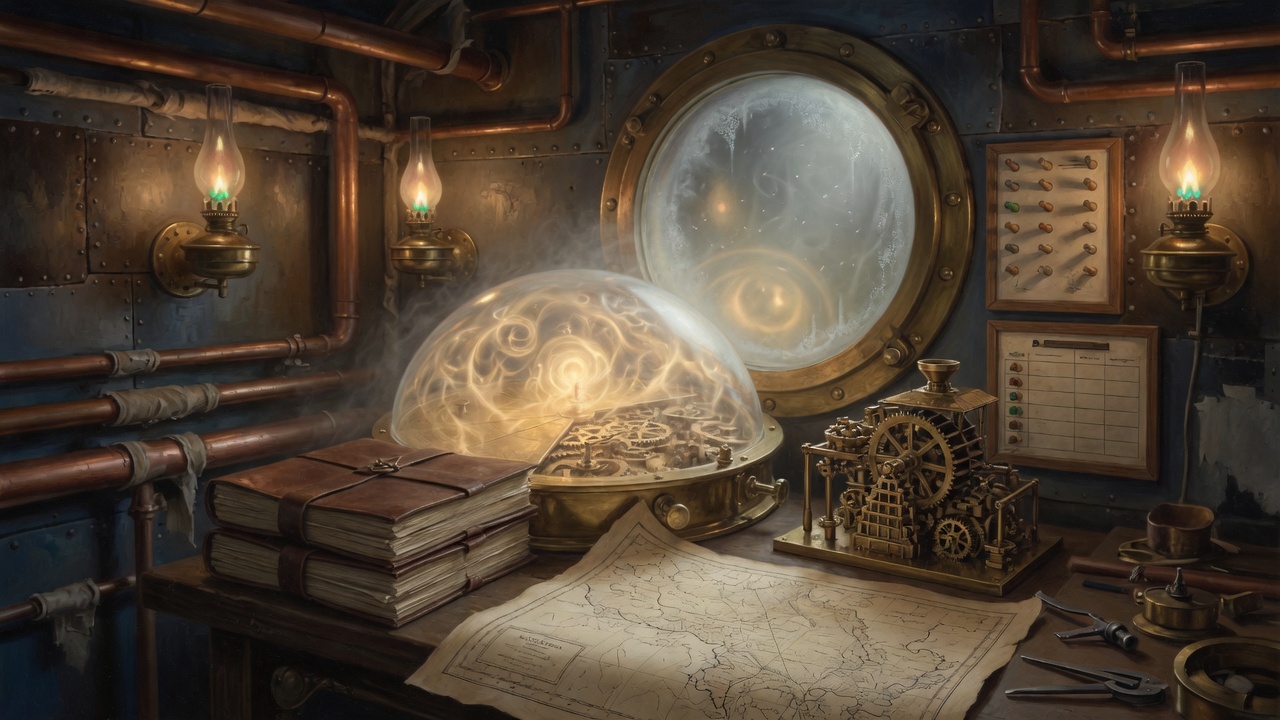 The instrument thinking under its dome, with ledgers and a small brass mill on the bench.