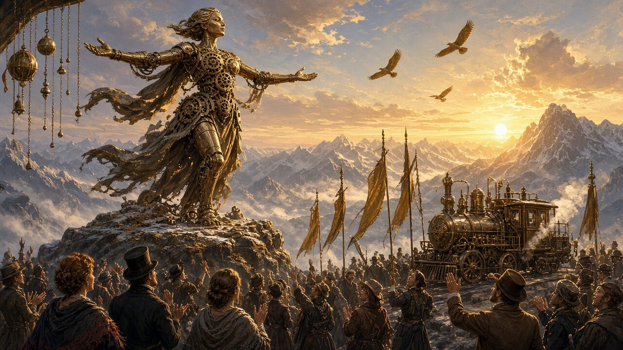 A great bronze figure with outstretched arms raised on a high mountain ledge at sunset, eagles overhead, banners and a steam wagon below, a crowd gathered to watch.
