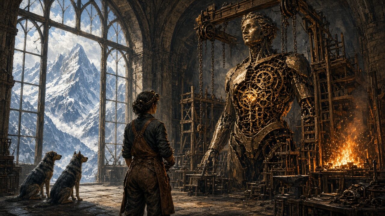 A woman seen from behind in a tall stone-and-glass workshop, snowy peaks through the windows, a great brass figure with a glowing clockwork heart before her and two dogs at her side.
