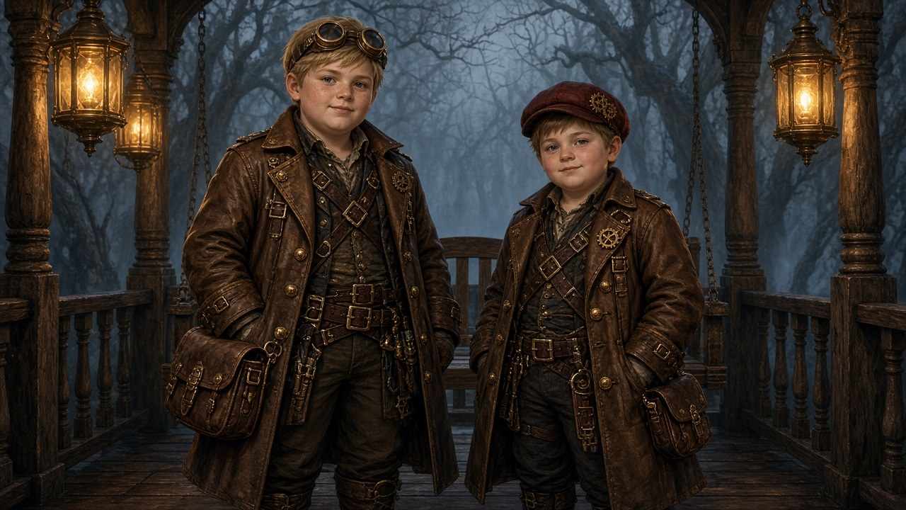 Two boys facing forward and smiling on a foggy ranch porch at night, in leather coats with brass fittings, brass lanterns and oaks ahead of them.