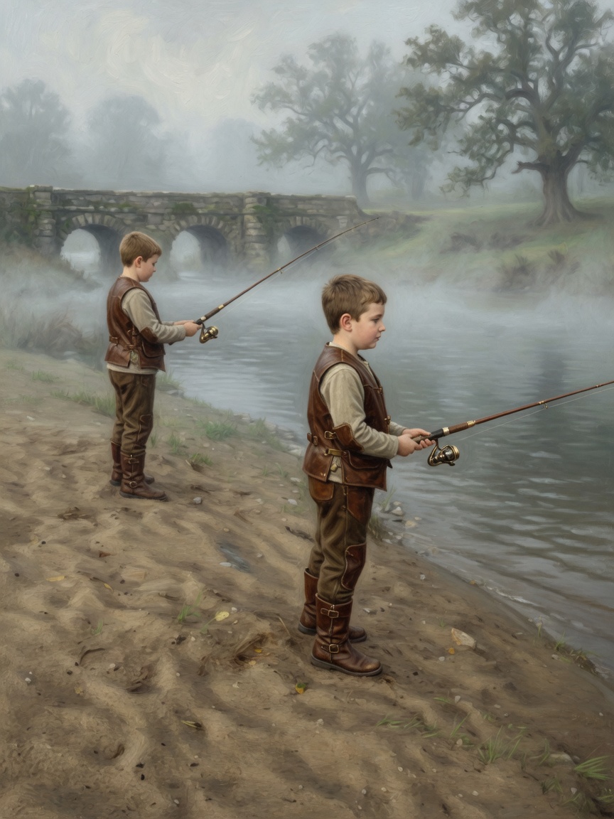Two boys in light leather fish a foggy river, a stone bridge upstream and oaks lost in mist.