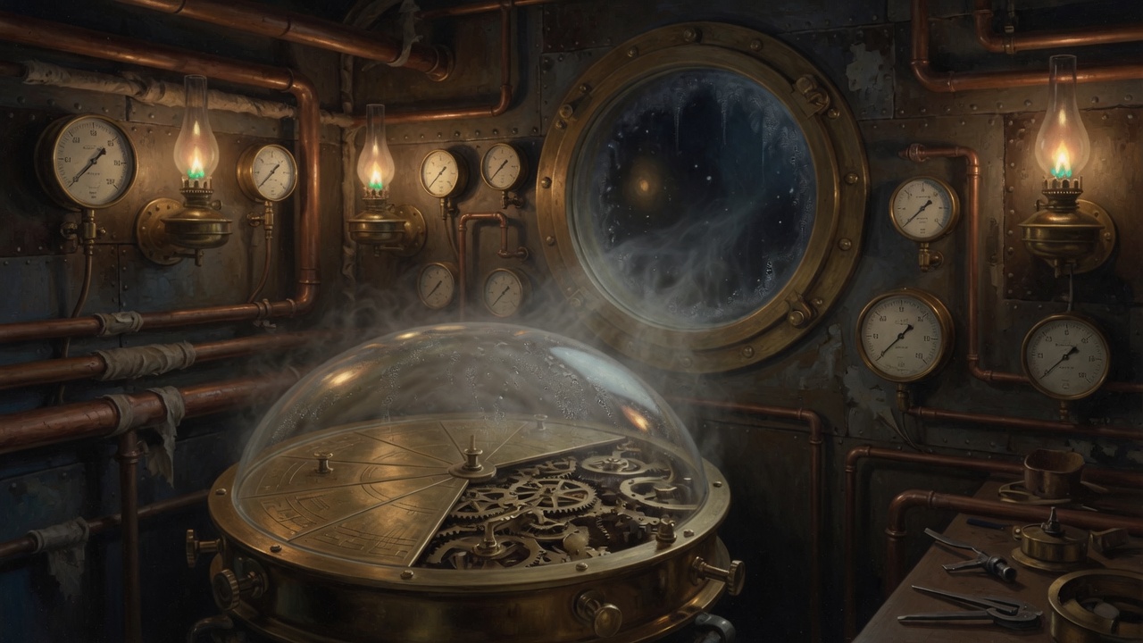 FogPie under its dome among copper pipes and pressure gauges at night.